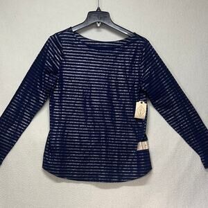 St John’s Bay Navy Metallic Stripe Long Sleeve Top Small NWT